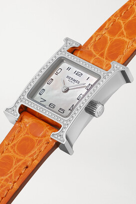 HERMÈS TIMEPIECES Heure H 17.2mm Very Small Stainless Steel, Alligator, Mother-of-pearl And Diamond Watch - Orange