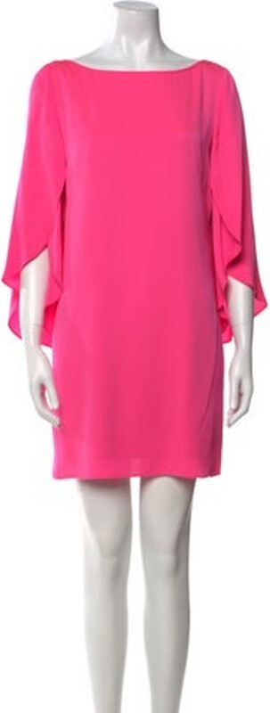 Milly Silk Shift Dress Pink Ruffle Embellishment Three-Quarter Sleeve with Bateau Neckline Concealed Zip Closure at Back Designer
