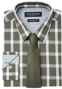 Nick Graham Men's Fitted Graph Buffalo Check Dress Shirt & Textured Geo Tie Set