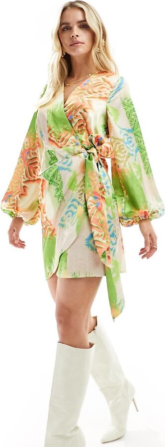 NEVER FULLY DRESSED Petite wrap mini dress in green abstract print