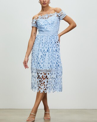 Chi Chi London Women's Blue Midi Dresses - Bardot Lace Midi Crochet Dress