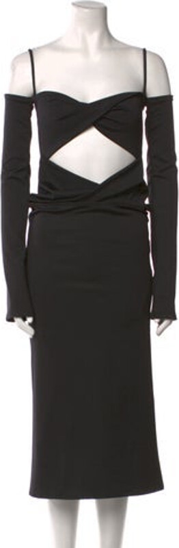 LADO BOKUCHAVA Slip Dress Black Cutout Accent Long Sleeve with Square Neckline Concealed Zip Closure at Back