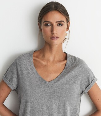 Reiss Luana - Cotton-jersey V-neck T-shirt in Grey Marl