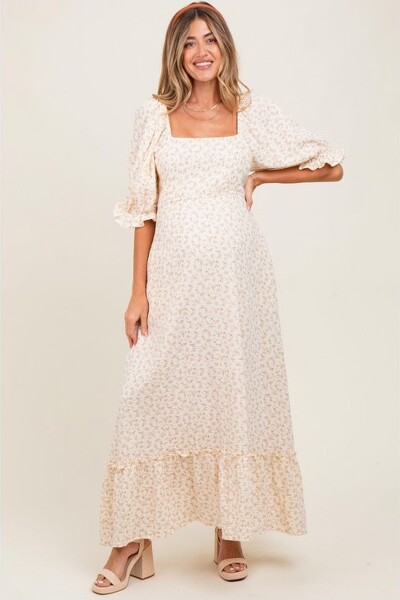 PinkblushBeigeFloralPrintSquareNecklineMaternityMaxiDressLarge