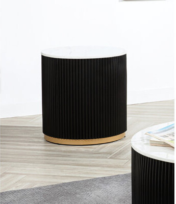 1pc Round End Table With White Marble Top, Gold Base And Black Design, Modern Aura, For Living Space, 22" X 23"h Ultra-modern Marble-like Top Enclosur