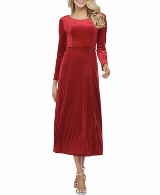 JULYER Women's Elegant Long Winter Dress Crew Neck Stretchy Long Sleeve Velvet Dress Red