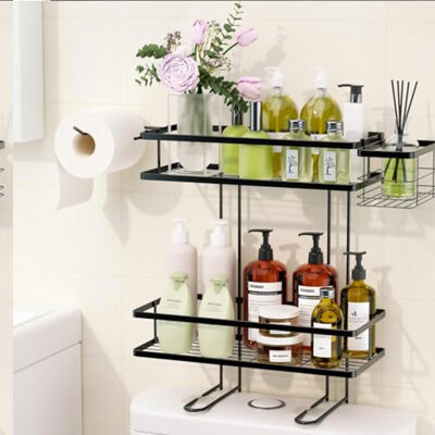 BRBCA 2-Tier Bathroom Organizer with Removable Basket & Paper Holder - No Drilling, Non-Trace Adhesive Over Toilet Storage