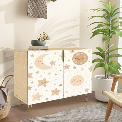 Sideboard Buffet Cabinet with Storage cute boho hand drawn cartoon moon sun stars white for print with 2 Doors for Living Room and Kitchen