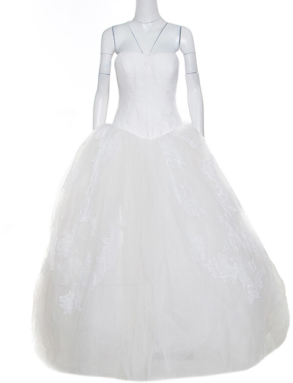Vera Wang Off White Lace And Tulle Strapless Wedding Gown L Shopstyle