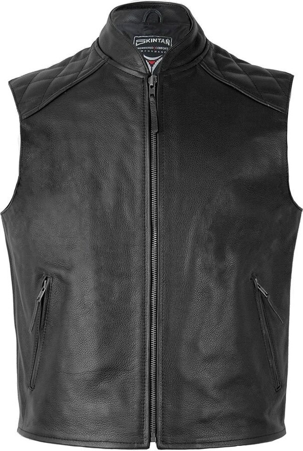 Mens Real Genuine Leather Cowhide Motorcycle Biker Gilet Full Grain