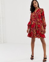 Thumbnail for your product : Morgan wrap front long sleeve dress with ruffle skirt in scarf print