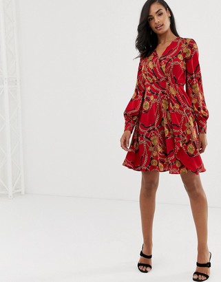 Morgan wrap front long sleeve dress with ruffle skirt in scarf print