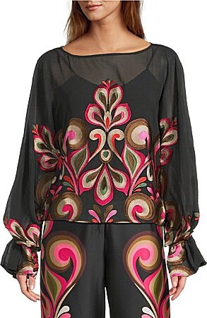 Coordinating Soho Embroidered Print Boat Neck Long Balloon Sleeve Blouse