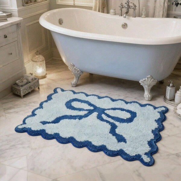 LOVELAY CREATIONS Bow&ScallopEdgeBathMat-PlushBlueMicrofiberQuick-DryNon-Slip&Washable20″x32″BlueStandard