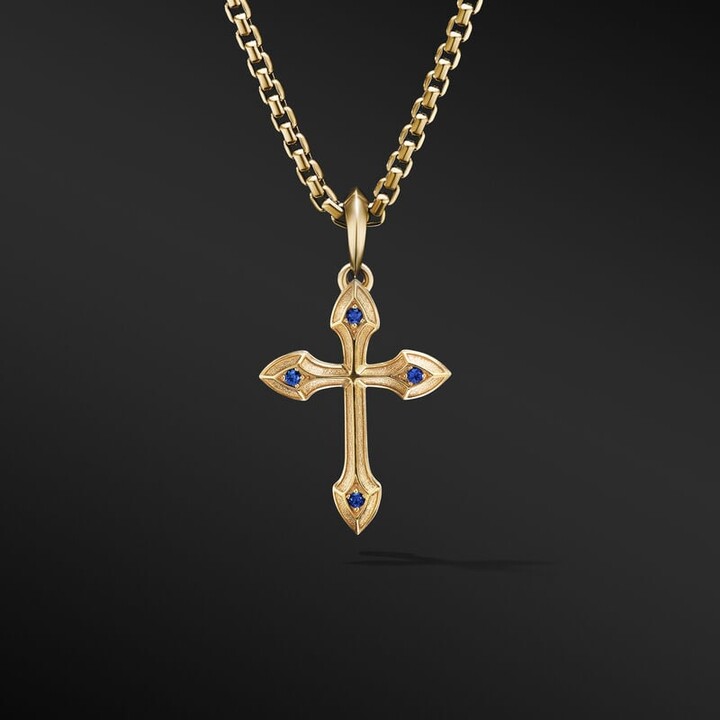 David Yurman Gothic Cross Amulet in 18K Yellow Gold with Sapphires in