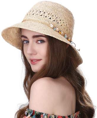 Siggi Womens 100% Raffia Straw Crochet Hat Foldable UPF Summer Beach Sun Hats 56-58CM Beige
