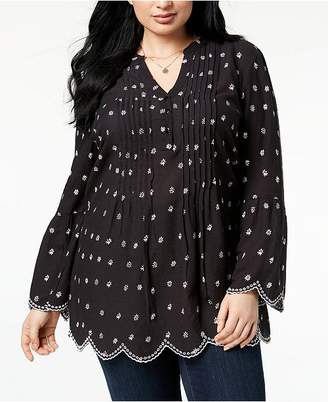 Style&Co. Style & Co Plus Size Cotton Printed Pintuck Eyelet-Trim Peasant Top, Created for Macy's