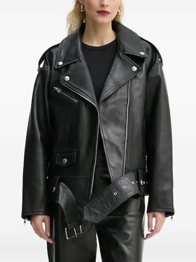 Stand Studio Belted Zip-Front Leather Jacket