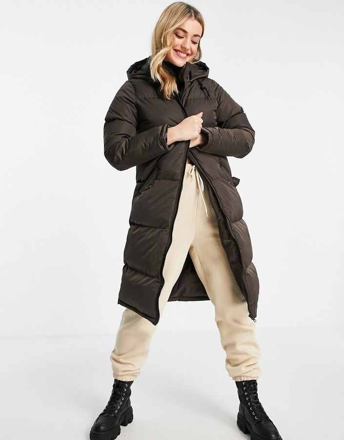 Brave Soul cello long puffer coat in chocolate - ShopStyle
