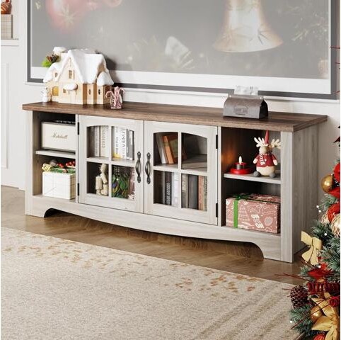 KINGARD LINSY HOME Farmhouse TV Stand for 65 Inch TV, Wood Entertainment Center with Glass Door Storage Cabinet & Adjustable Shelves, Large Sturdy TV...