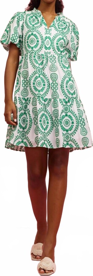 SKIES ARE BLUE Nova Embroidered Mini Dress In White & Dark Emerald
