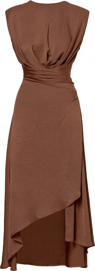 Bluzat Midi Brown Dress With Oversized Shoulders And Slit