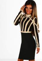 Thumbnail for your product : Pink Boutique All I Crave Black and Gold Stripe Bandage Long Sleeve Mini Dress