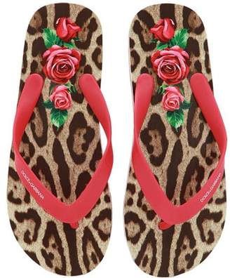 Dolce & Gabbana Rose & Leopard Print Rubber Flip Flops