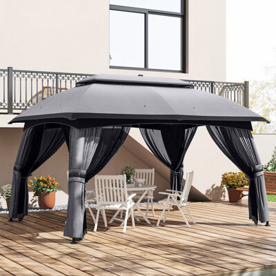 Hokku Designs 10' X 13' Patio Gazebo, Dark Gray, Ample Accommodation For 8 People, Netting Included, Vented Roof, Steel Lawn Sufficient Space 8, 2 Garden