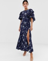 Thumbnail for your product : Liquorish midi dress with flutter sleeve in navy floral print