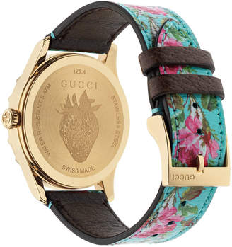 Gucci 38mm G-Timeless Blooms Leather Watch, Gold/Aqua