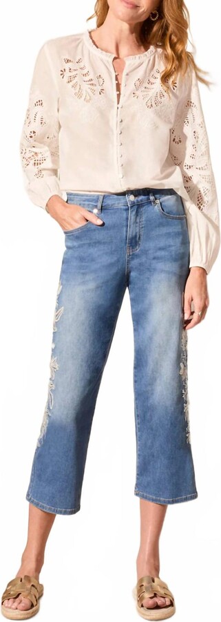 Audrey Girlfriend Crop Jeans With Embroidery In Blue