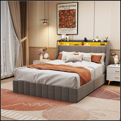 Wrought Studio Luxurious LED Bed Frame with Wings Headboard Perfect for Creating a Stunning and Comfortable Bedroom Focal Point.