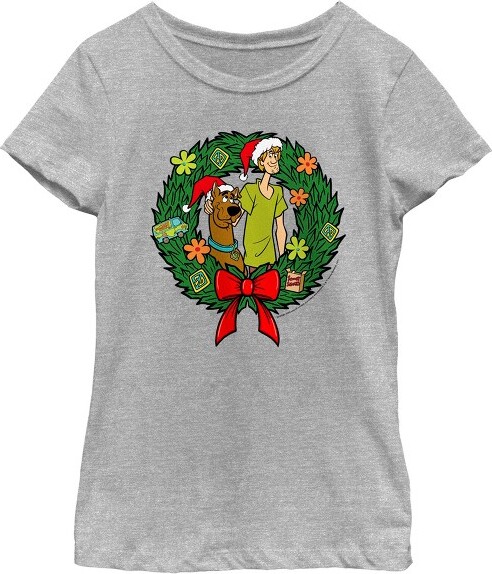 Scooby-Doo Girl'sScoobyDooChristmasShaggyandScoobyWreathT-Shirt-AthleticHeather-Small