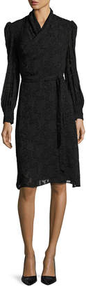 Co Burnout Long-Sleeve Wrap Dress, Black