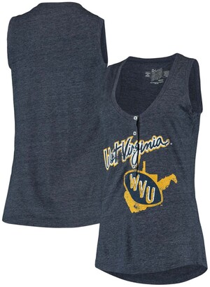 Original Retro Brand Women's Heathered Navy West Virginia Mountaineers Relaxed Henley V-Neck Tri-Blend Tank Top
