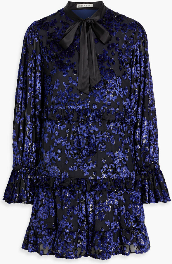 Alice + Olivia Moranne pussy-bow ruffled metallic fil coupé mini dress