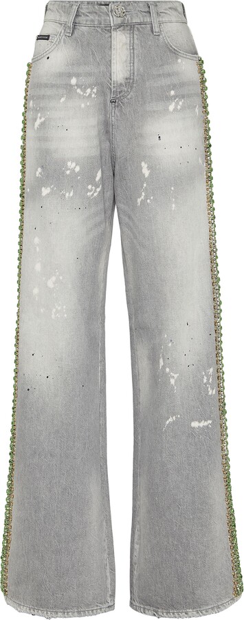 Philipp Plein Denim Skater Fit Trousers Rib Strass