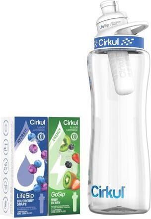 WOOJONG Cirkul 32oz. BPA-Free Plastic Water Bottle Starter Kit with Navy Lid, 2 Flavor Cartridges (1 LifeSip Blueberry Grape, 1 GoSip Kiwi Berry) No Sugar,...