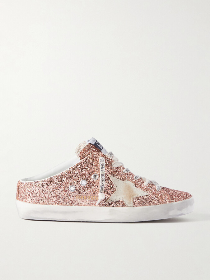 Golden Goose - Super-star Sabot Distressed Suede-trimmed Glittered Leather Slip-on Sneakers - Orange
