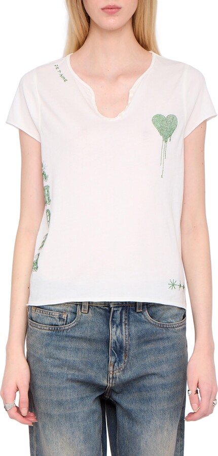 Zadig & Voltaire Tunisien Strass Heart Embellished Keyhole Cotton Graphic T-Shirt
