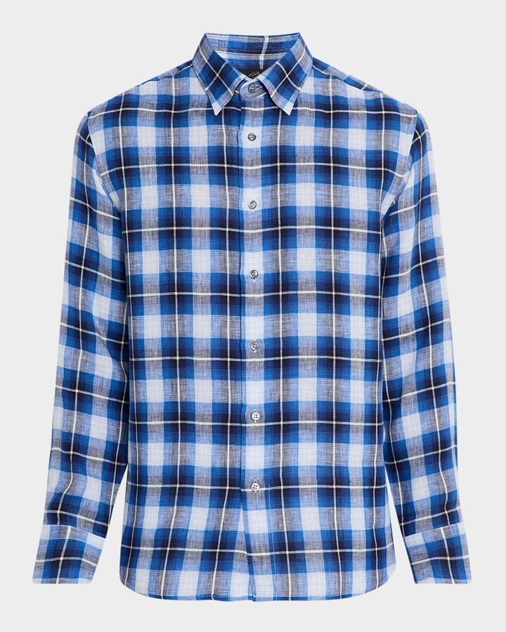Brioni Men's Linen Madras Check Casual Button-Down Shirt