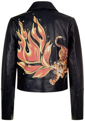 SET Flame Print Leather Biker Jacket