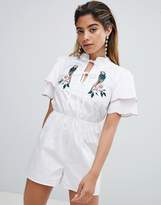 Thumbnail for your product : Fashion Union Tea Romper With Tie Neck And Parrot Embroidery