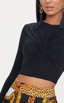 Thumbnail for your product : PrettyLittleThing Black Slinky Longsleeve Twist Front Crop Top