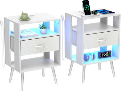 2 Pack Modern Nightstand With Charging Station, Bedside Tables With LED Light And Fabric Drawers