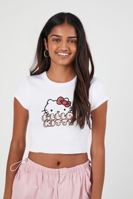 Forever 21 Women's Hello Kitty Graphic Cropped T-Shirt in White
