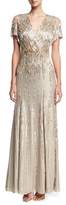 Thumbnail for your product : Jenny Packham Beaded Chiffon Cold-Shoulder V-Neck Gown