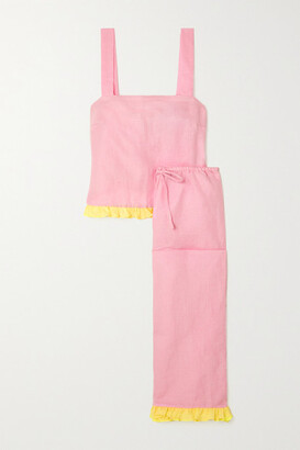 Dora Larsen Emeli Ruffled Linen And Organic Cotton-blend Pajama Set - Blush