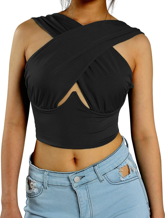 Koitniecer Women Criss Cross Halter Neck Cutout Top Y2K Crop Tank Top  Summer Sexy Party Club Plus Size Wrap Top (Black - ShopStyle